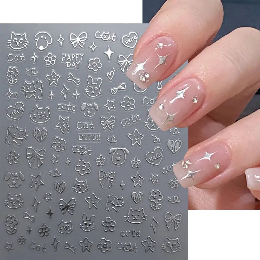 Simples Market 12-sheet white-outline cartoon nail stickers with cat and dog icons, bows, flowers