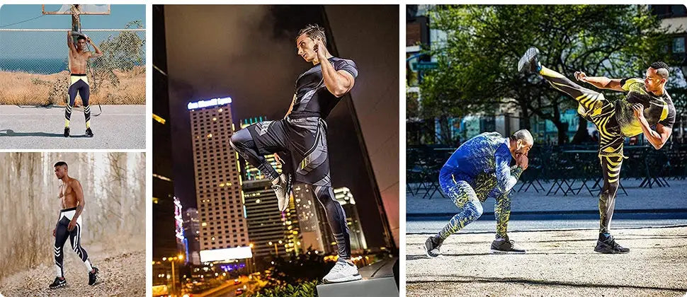 Men's compression pants by Simples Market; black with side stripes, worn by 4 models in gym, running and training.