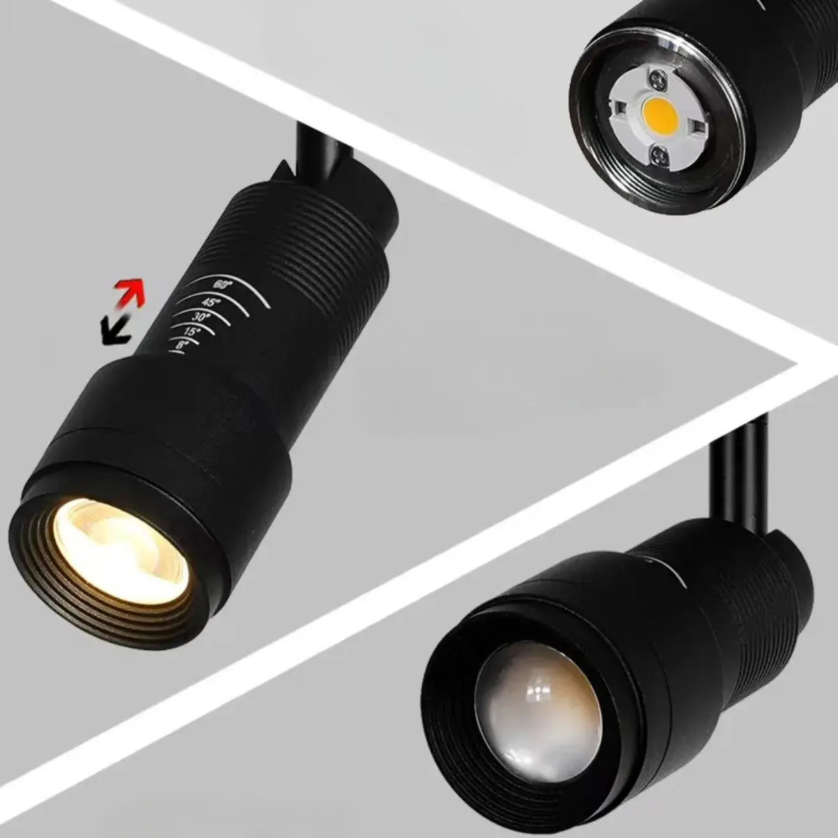 Adjustable LED ceiling spotlight, black finish, 7W zoomable beam with 5°–60° angle, Simples Market