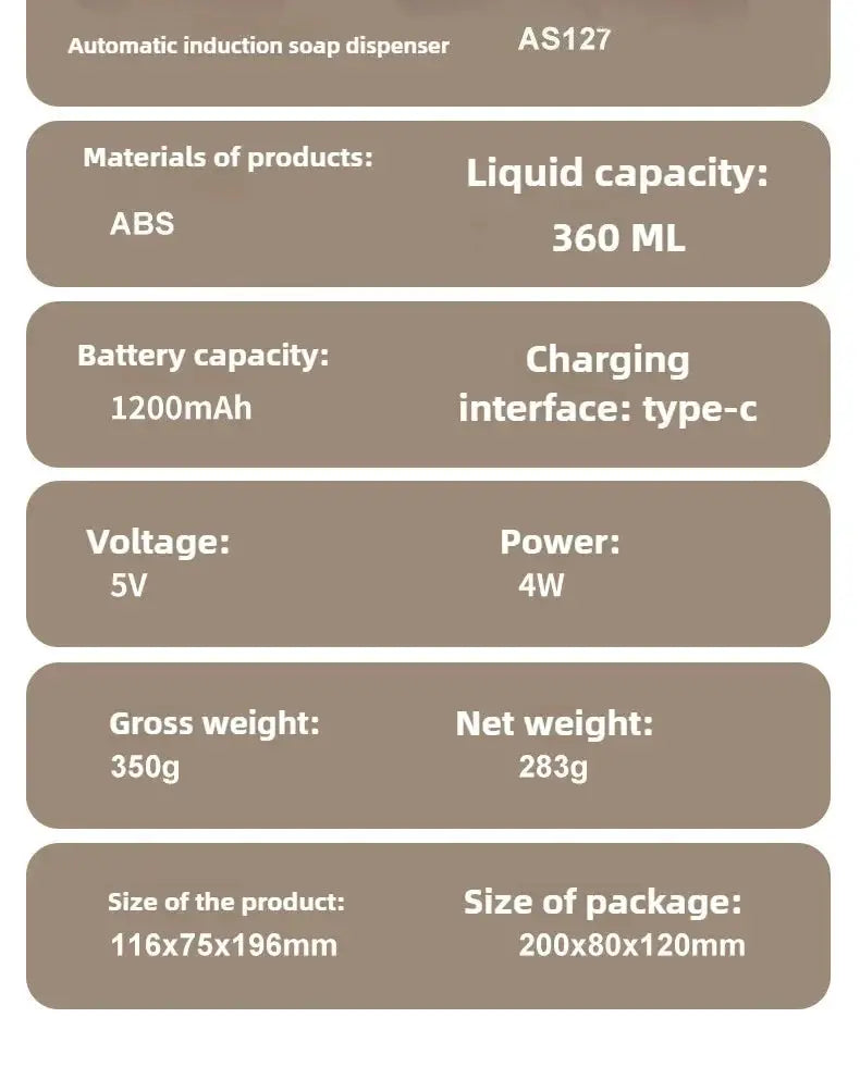 Simples Market automatic sensing soap dispenser, ABS plastic, wall-mounted, 360 ml capacity, Type-C charging