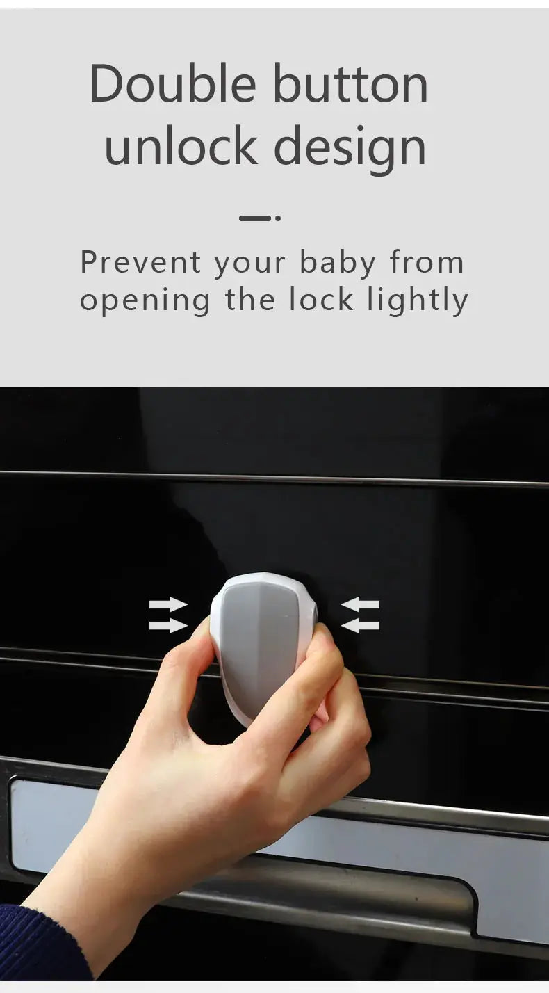 Baby oven door lock; gray dual-button unlock design shown on a black oven door