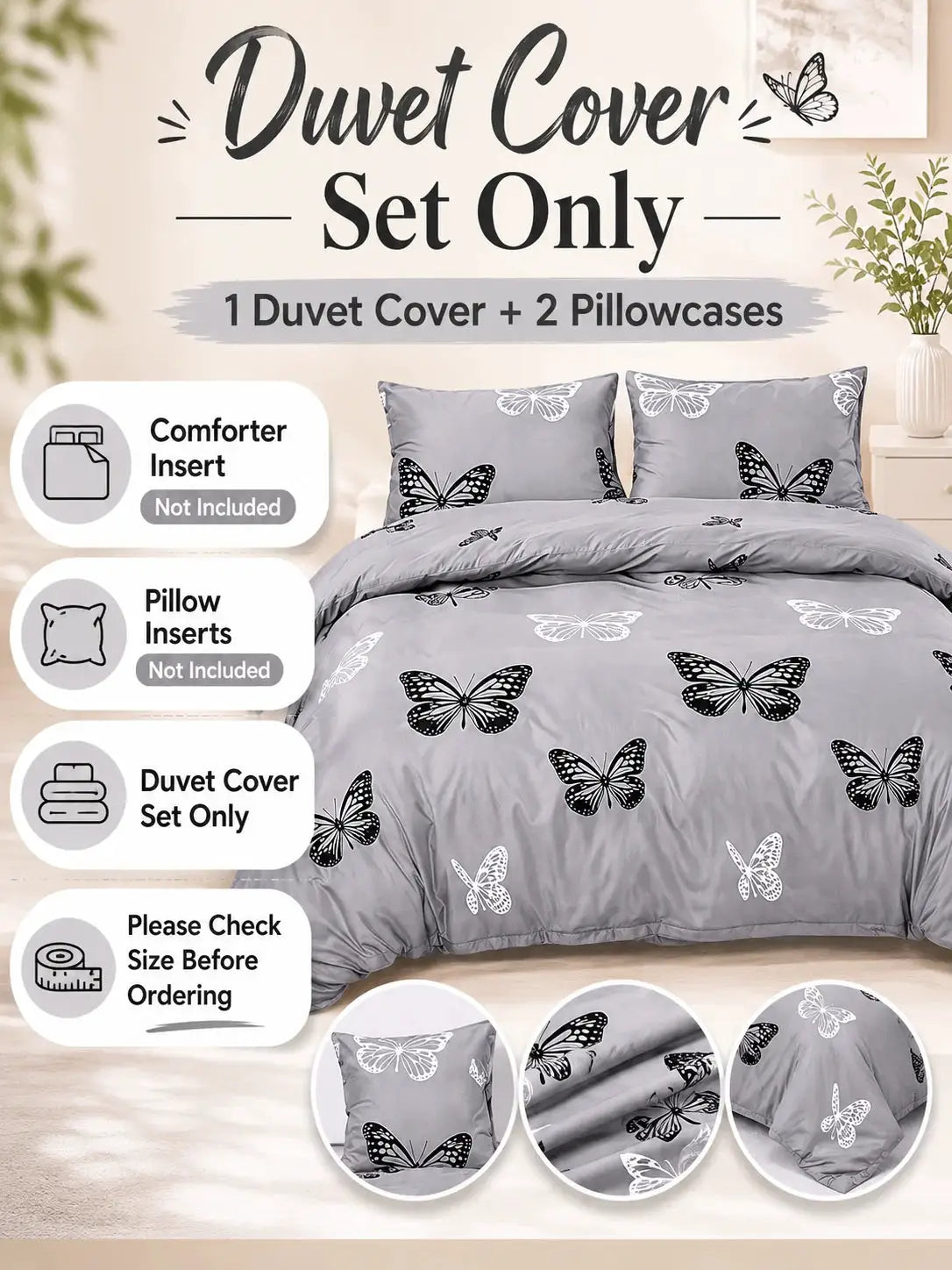 Simples Market 3-piece gray butterfly duvet cover set with two pillowcases.
