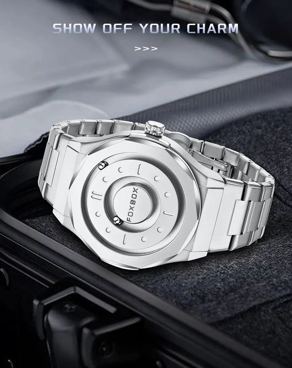 FOXBOX men's stainless steel quartz watch with metal bracelet and included box.