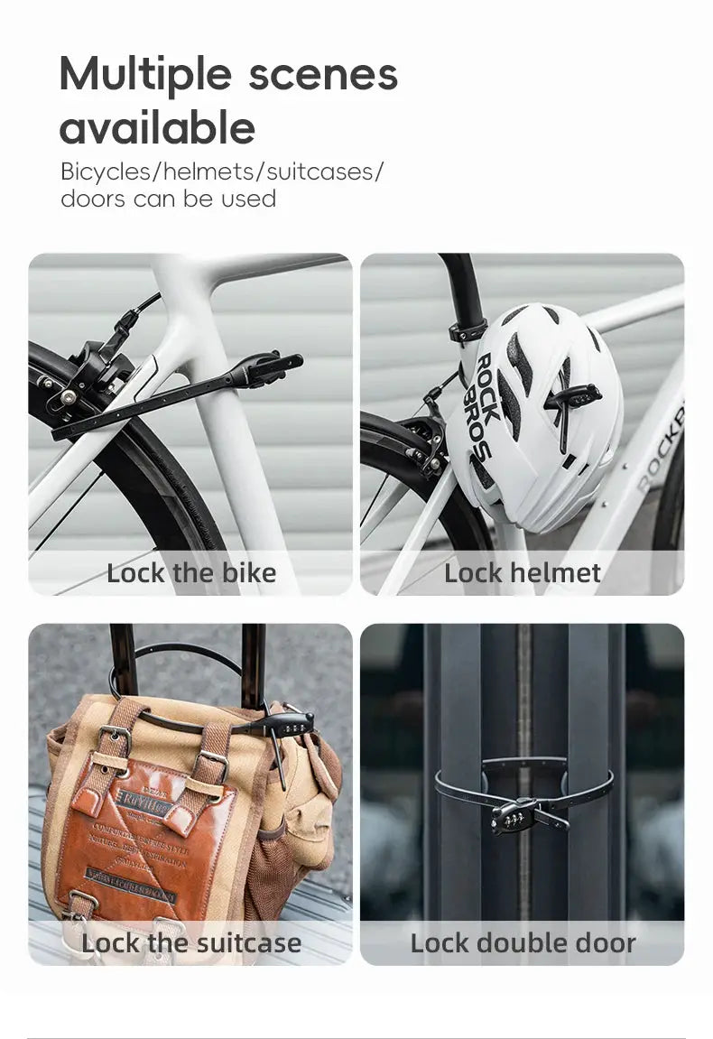 ROCKBROS portable bicycle lock cable with zinc alloy body and password lock; black; for bike, helmet, suitcase, door.
