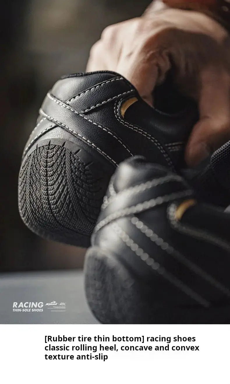 Maden racing shoes by Simples Market, black leather with white stitching, thin sole, lace-up casual trainers