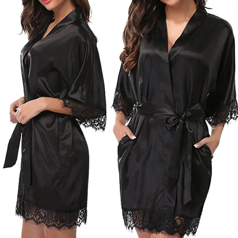 LuxeIce Womens Ice Silk Glossy Robe Pajamas Above Knee Length With Lace Trim Sexy Yet Comfortable Nightwear