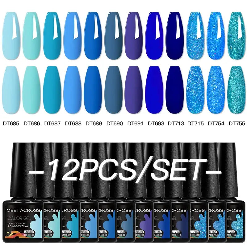 Meet Across 12-piece blue gel nail polish set by Simples Market, semi-permanent glitter and solid shades