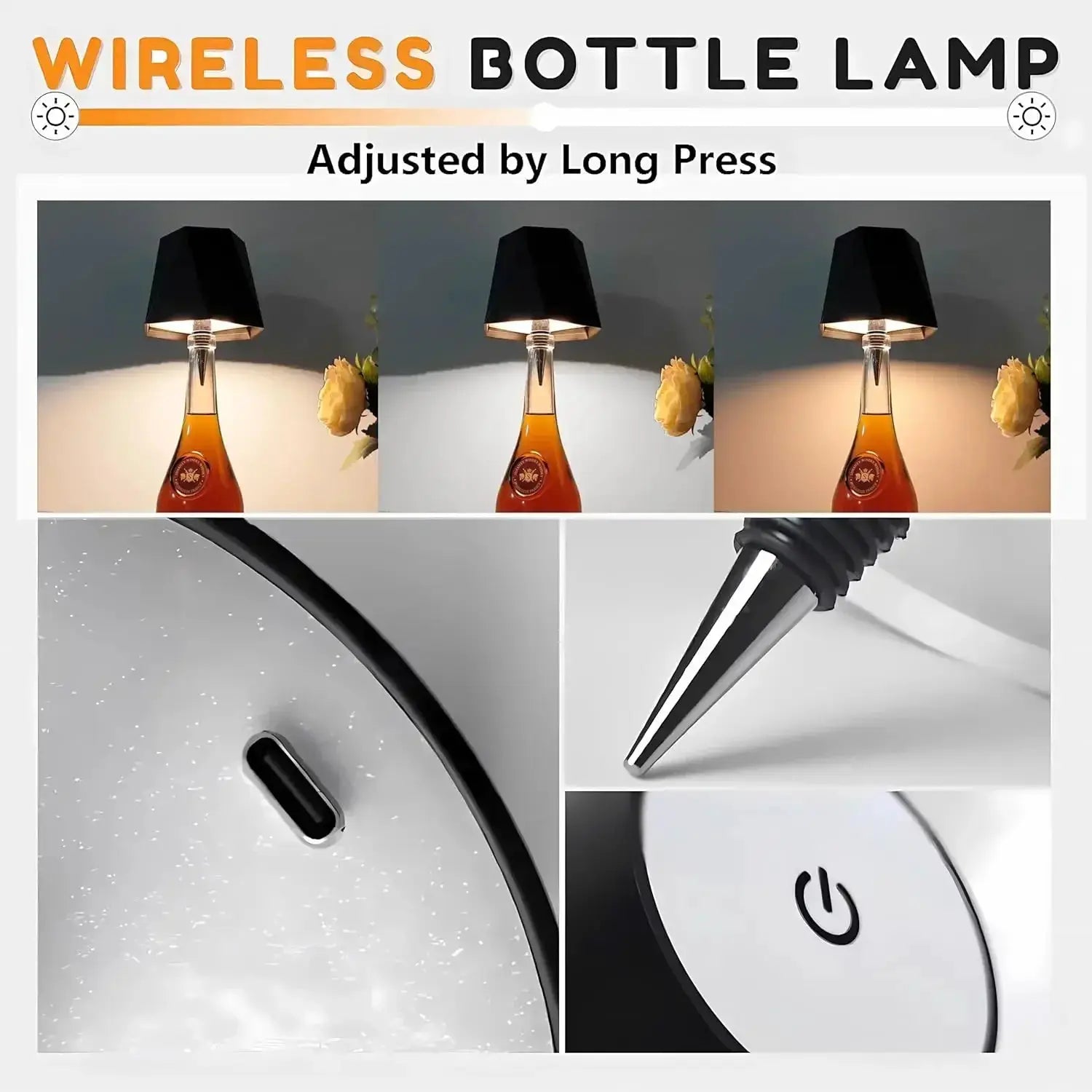 Lampe bouteille sans fil avec commande tactile, gradation continue en 3 couleurs, veilleuse pour bar