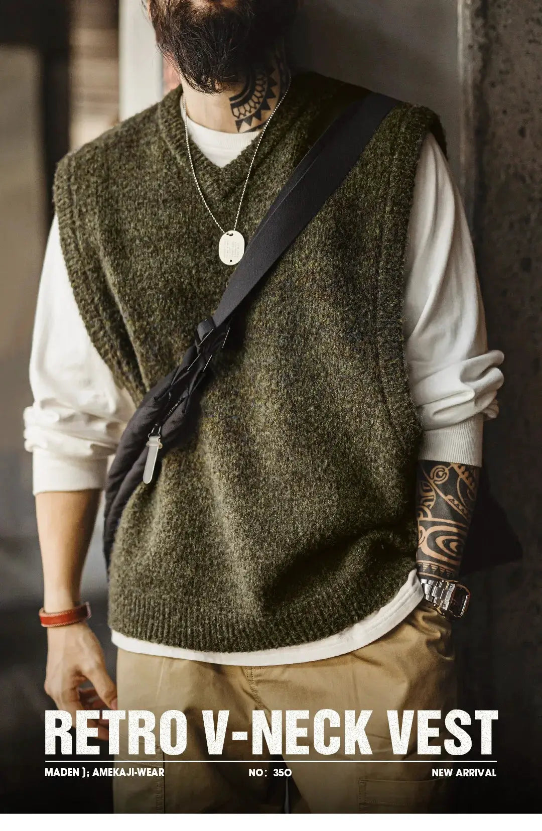 Maden retro wool-blend knitted V-neck vest, olive green, Simples Market