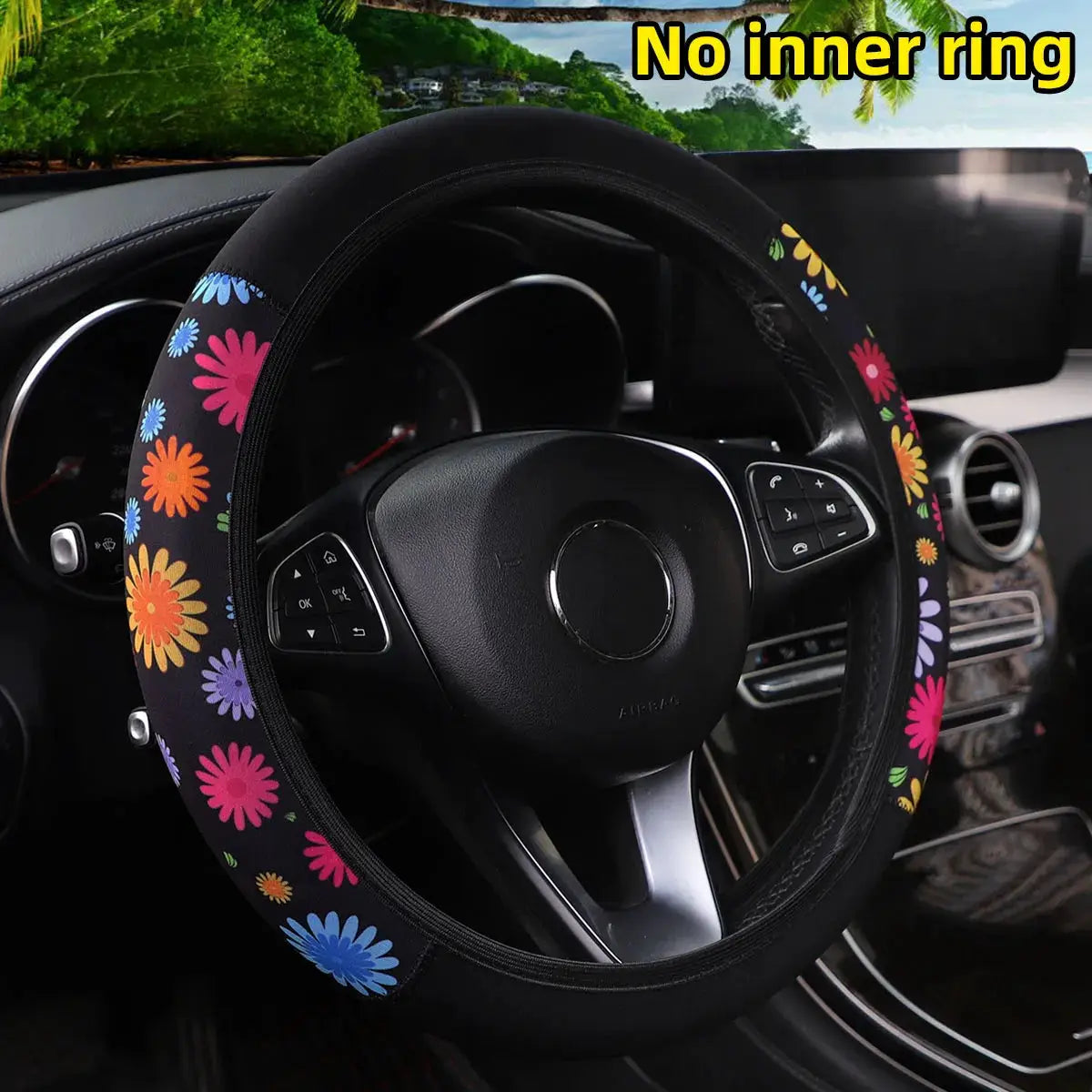 Women's 38cm floral steering wheel cover by Simples Market with cherry blossom chrysanthemum print, no inner ring