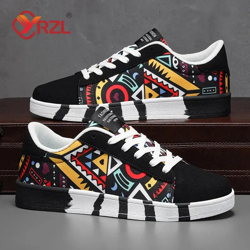 YRZL Men Canvas Sports Running Shoes Geometric Graffiti Print Lace Up Sneakers For Couples