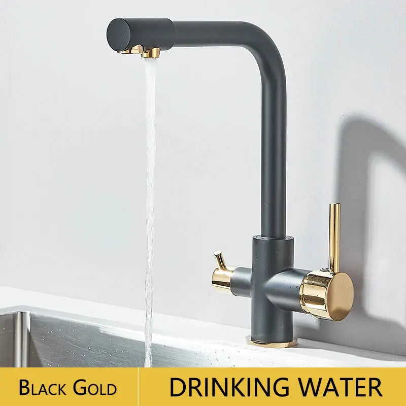Kitchen faucet with black-gold finish, dual swivel spout, brass accents and drinking water filter