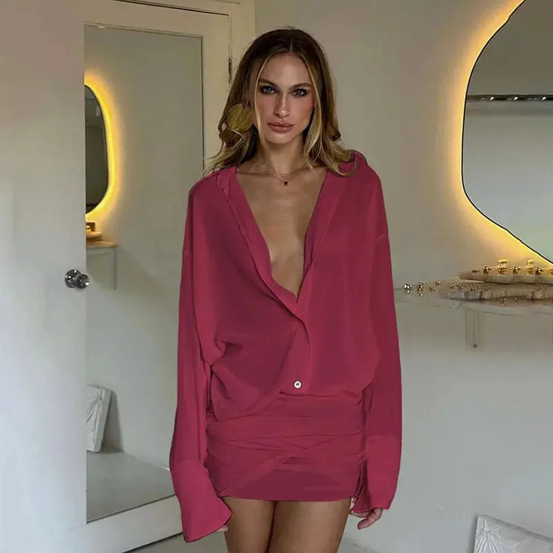 See Through Mini Dress With Flare Sleeves Ruched Bandage Club Party