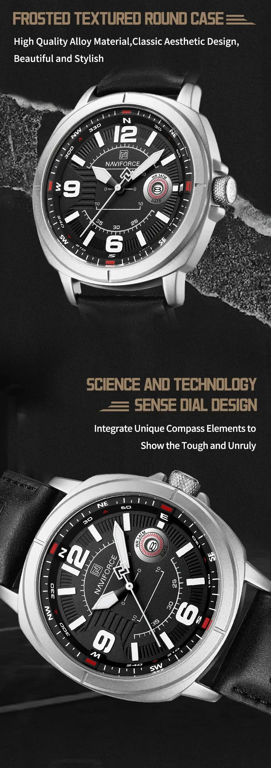 NAVIFORCE men's quartz wristwatch with black dial, silver round case and PU strap; calendar date display