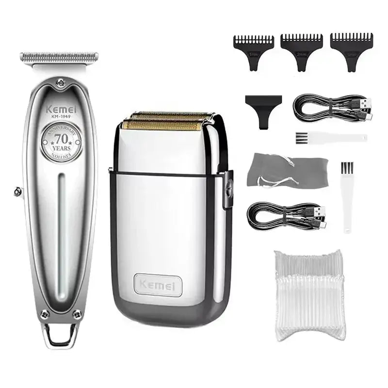 Kemei KM-1949 hair clipper with metal silver body and gold blade; includes 3 guide combs and USB cables
