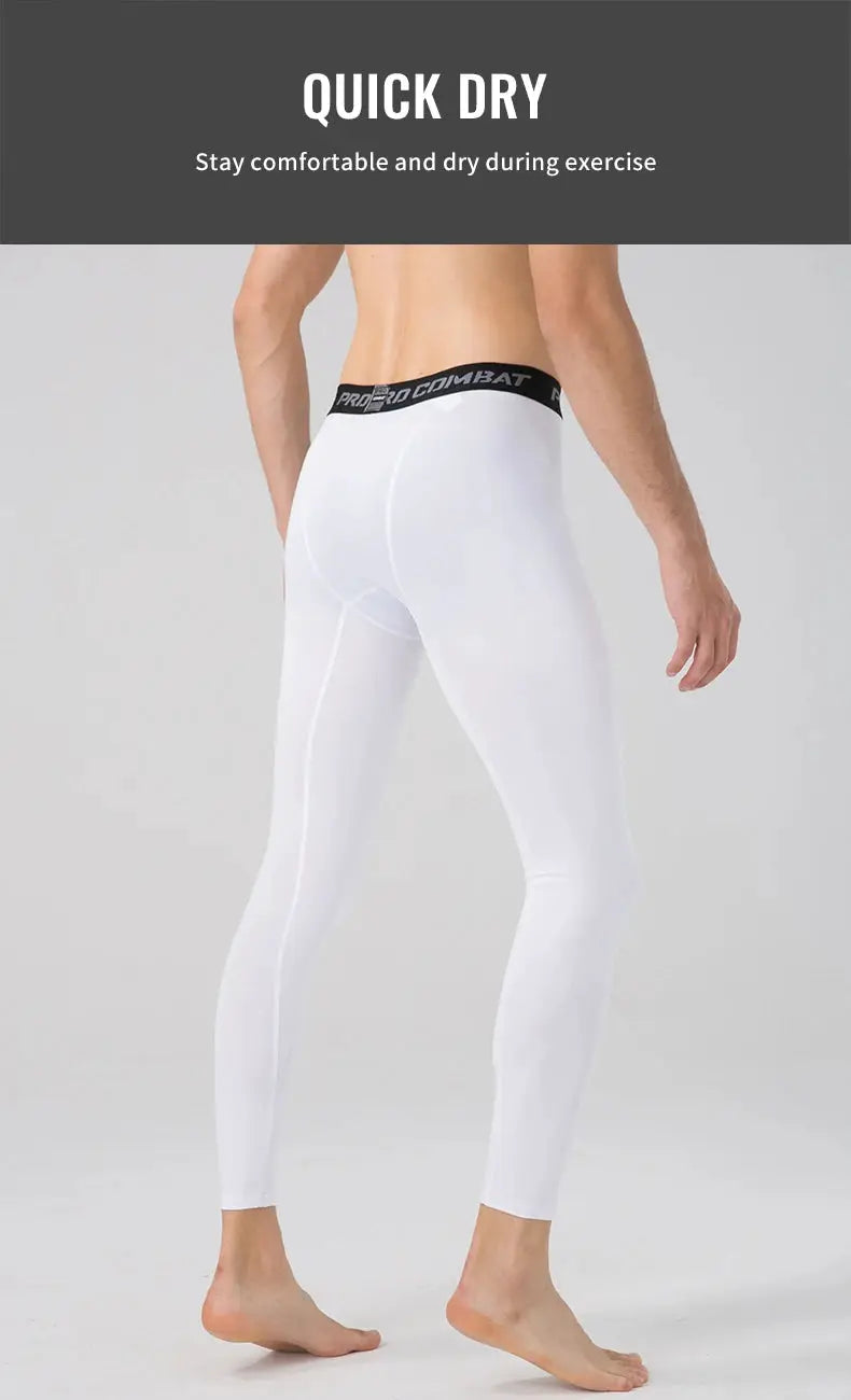 Men's white compression pants with black Pro Combat waistband, dry-fit athletic tights