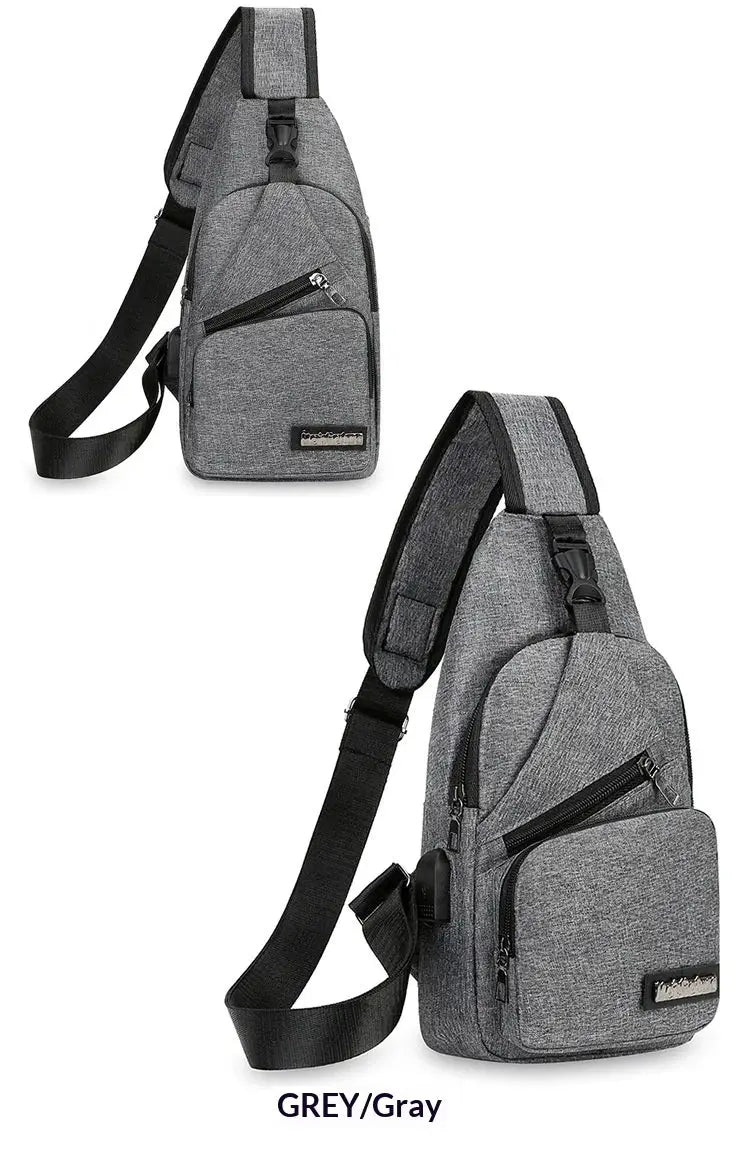 Men's chest bag by Simples Market, lightweight grey canvas crossbody with multiple zip pockets