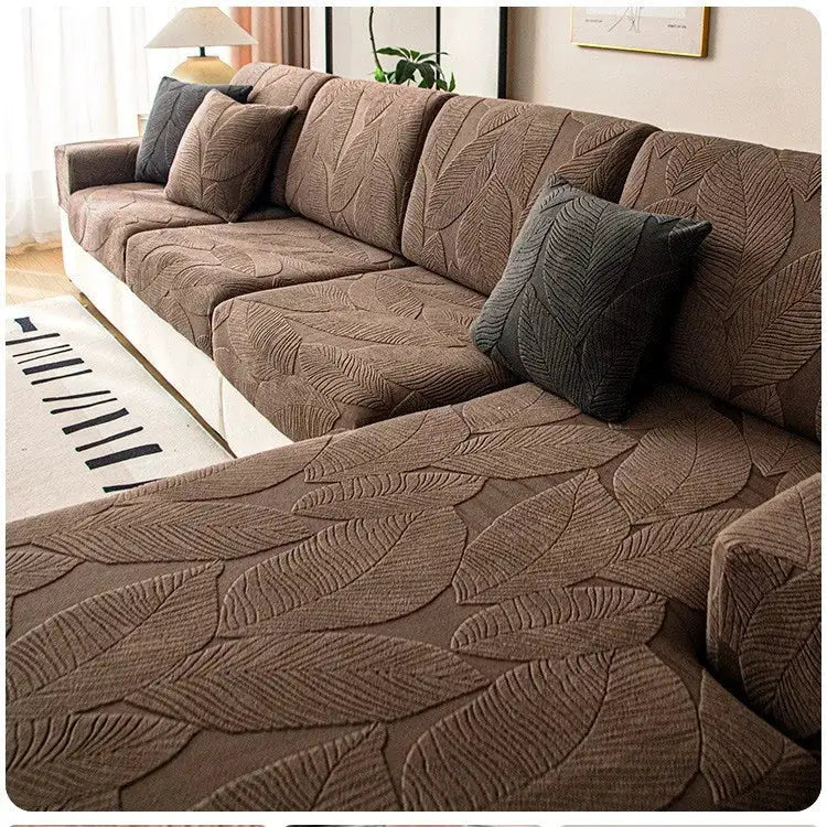 Sofa seat cushion covers in brown jacquard leaf-pattern fabric for living room