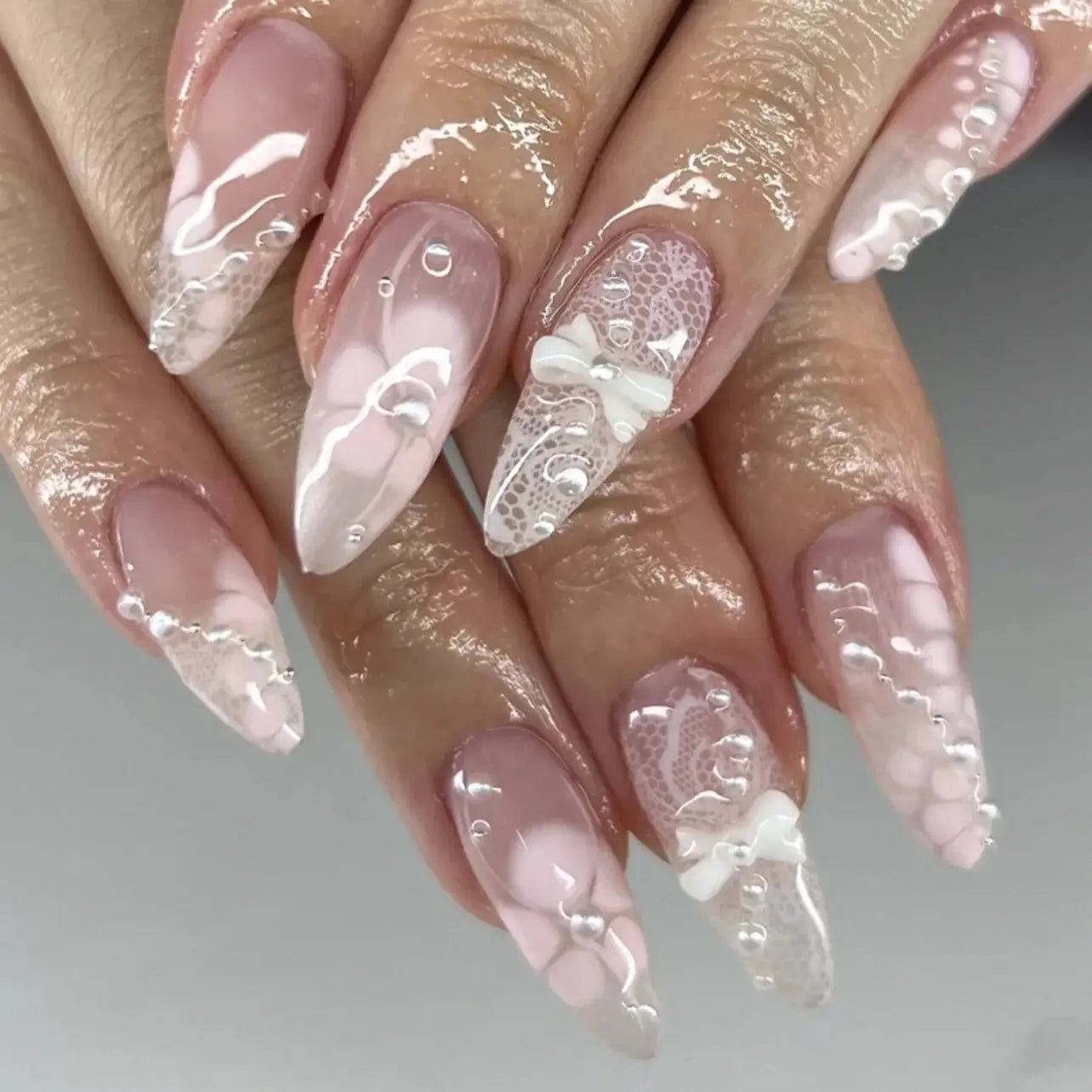 GlamNail Pink Almond Press On Nails Full Coverage Carved Flower 3D Ripple French Tips Golden Pearl Finish