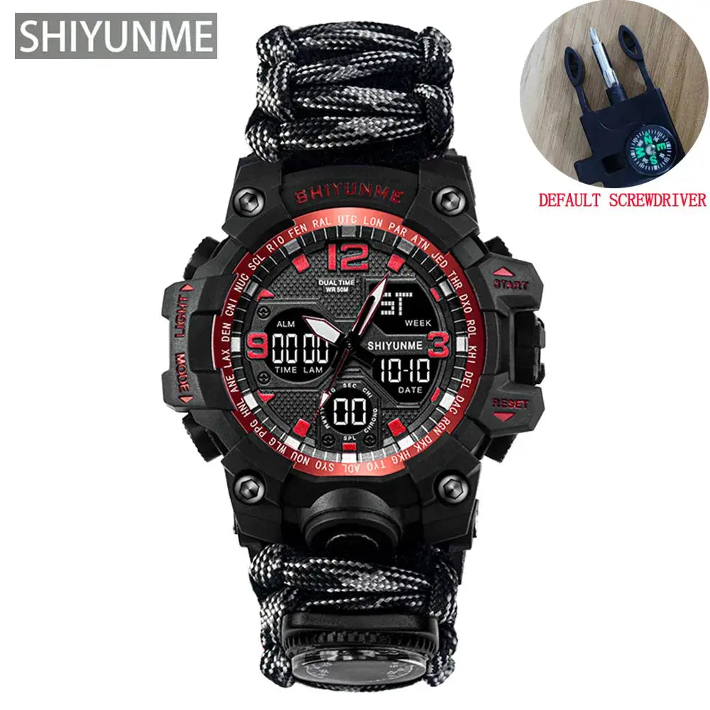 SHIYUNME men's military sport digital watch with compass, red dial, black case, paracord strap