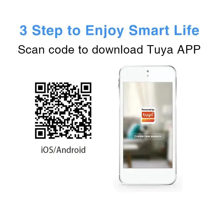 Tuya smart PIR motion detector setup guide; white smartphone shows Tuya logo and iOS/Android QR code