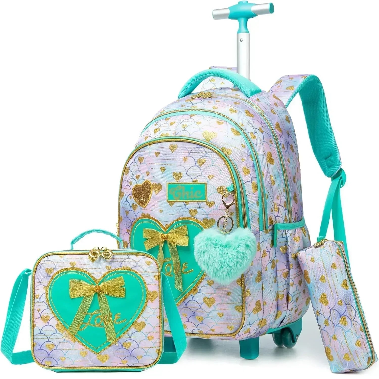 Girls' 3-piece wheeled backpack set with turquoise trim, matching lunch box and pouches