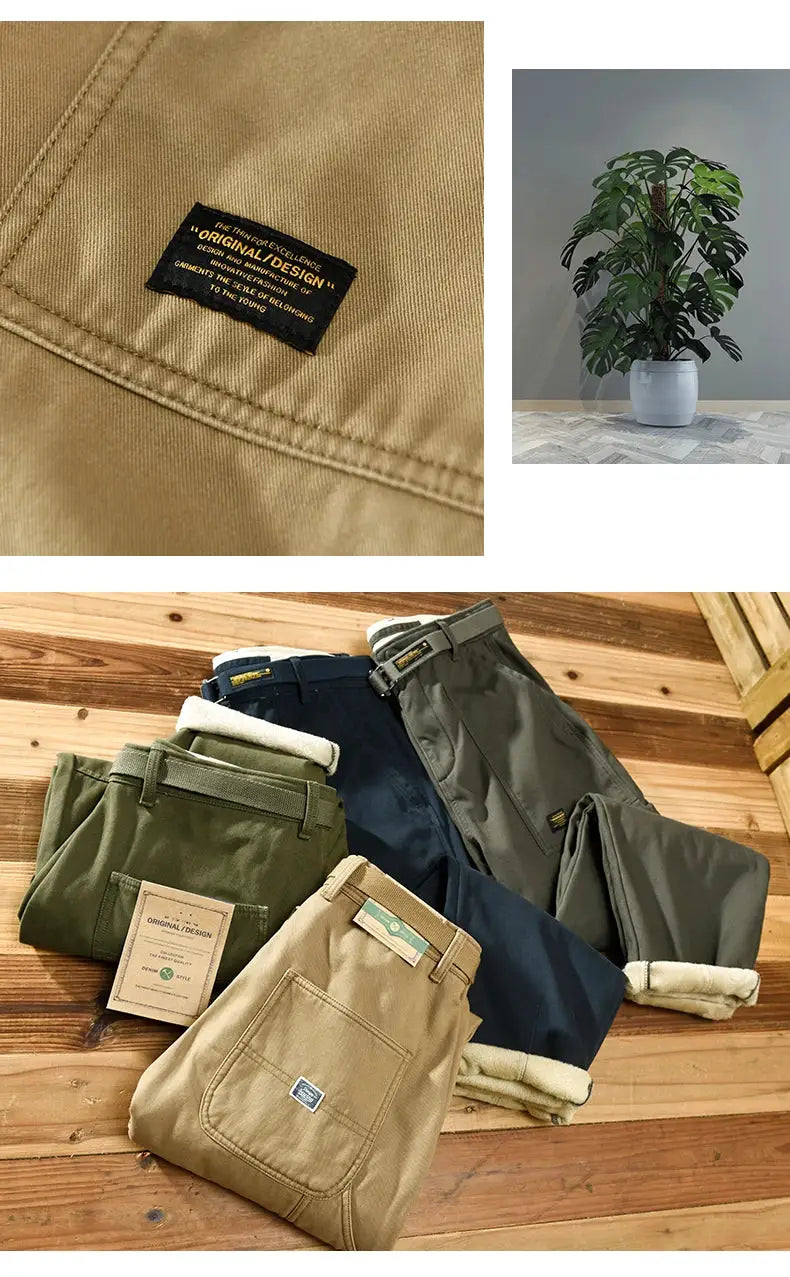 HIQOR men's winter cargo pants, fleece-lined 100% cotton, 5 color variants shown, Simples Market.
