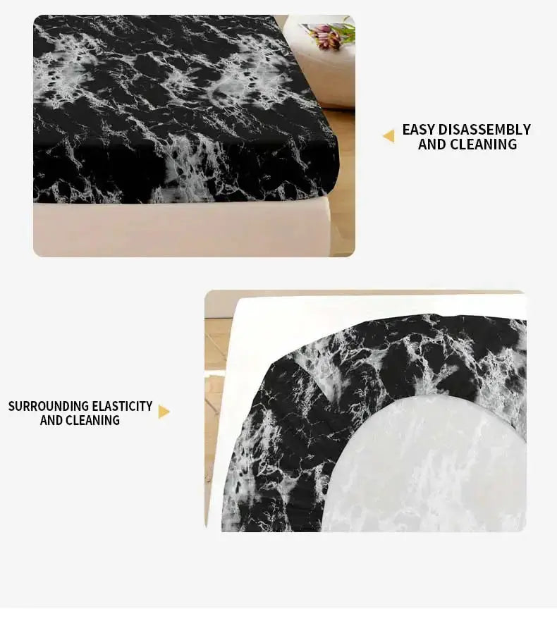 3-Piece Marble Print Fitted Sheet Set by Simples Market, black microfiber, wrinkle-resistant