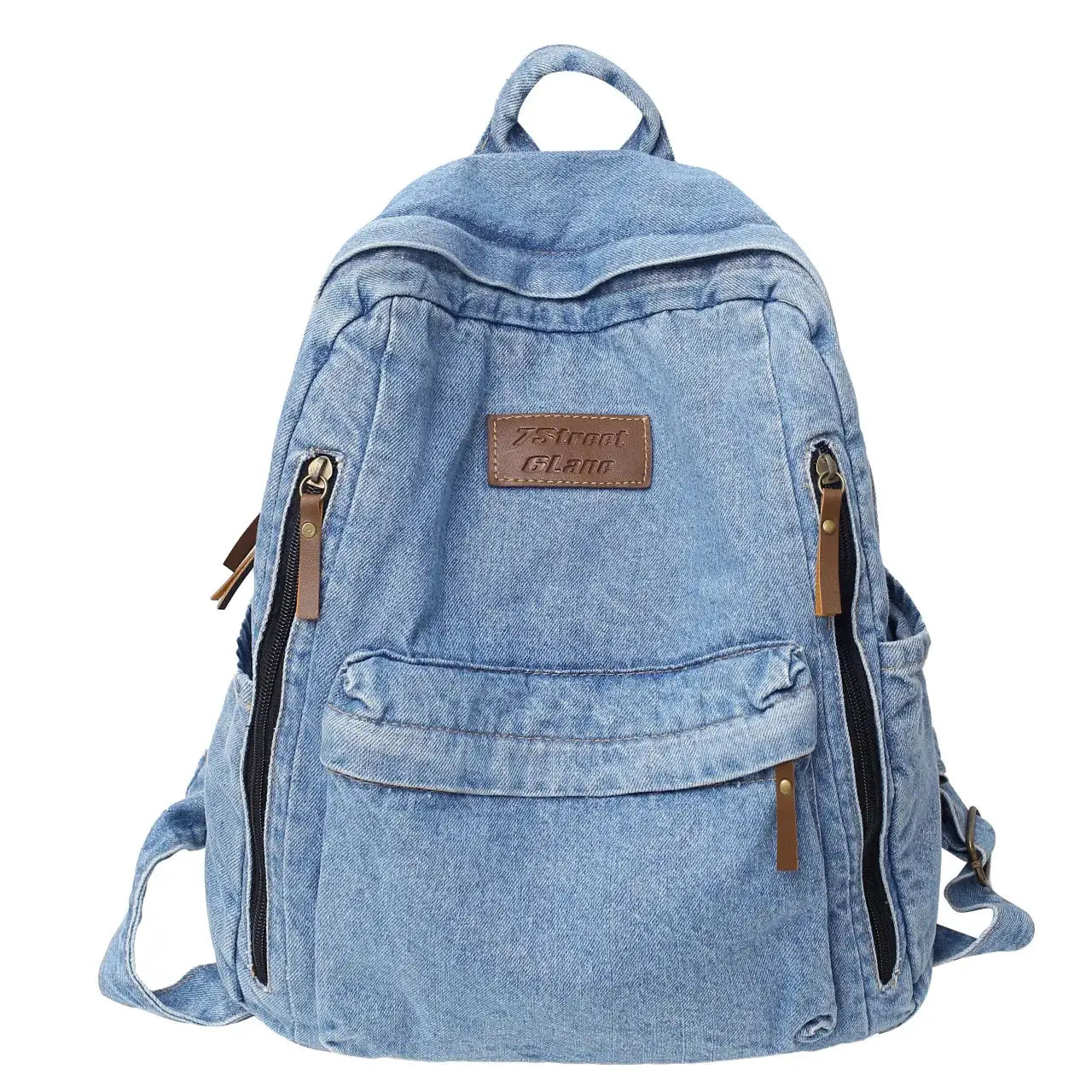 Denim backpack with multiple pockets, front zip pocket, side compartments, brown leather zipper pulls
