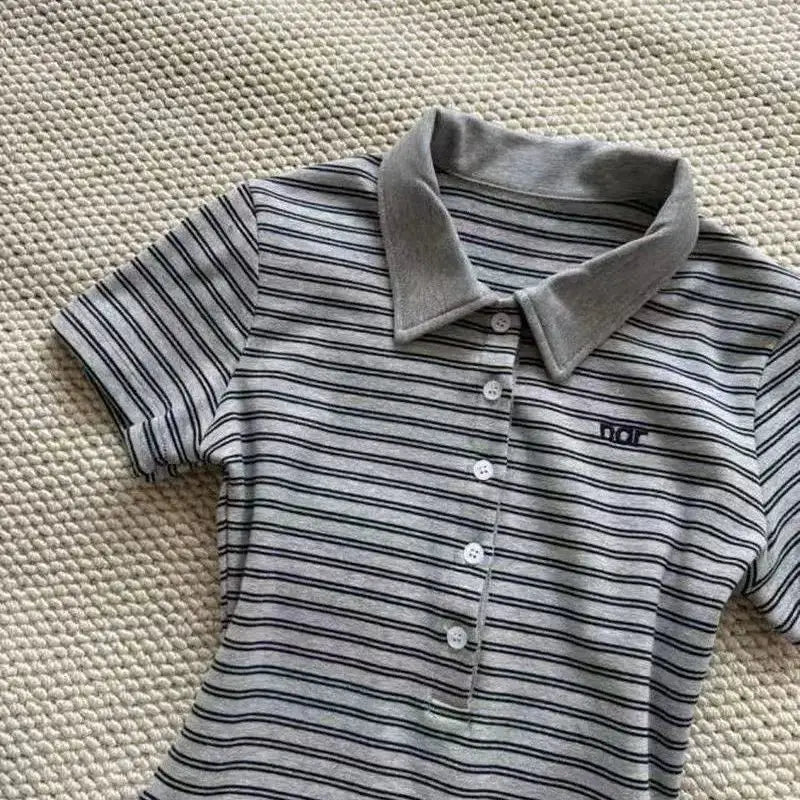 Deeptown Vintage Striped Polo Shirt Women Retro 90s Preppy Style