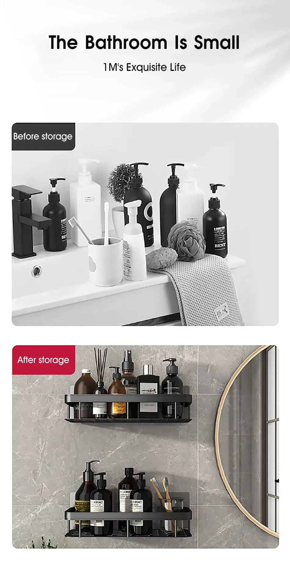 Bathroom storage rack by Simples Market; black wall-mounted corner shelf for shampoo and toiletries