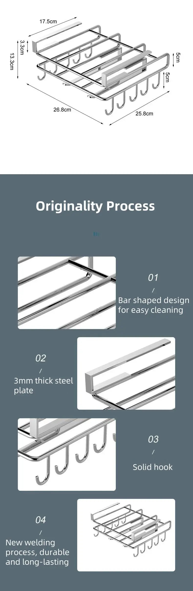 Stainless steel hanging kitchen storage rack by Simples Market with hooks for paper towels, utensils, and cutting board