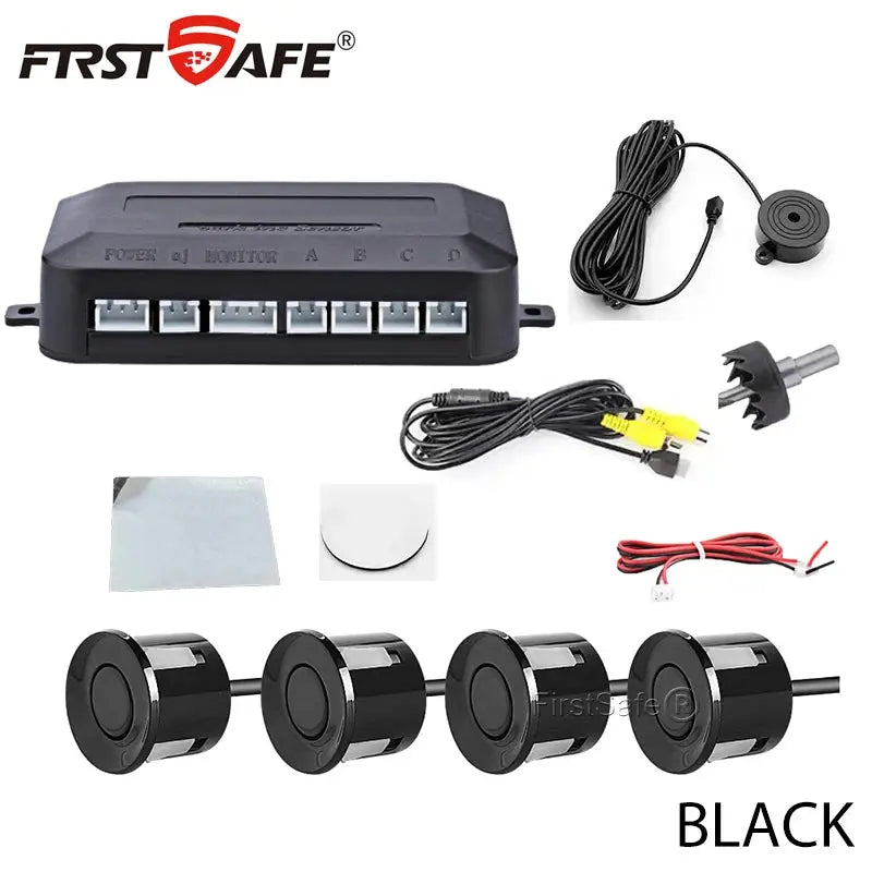 FirstSafe rear parking radar system with 4 black sensors and a control box
