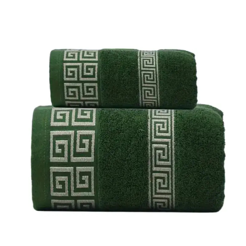 Two-piece Simples Market cotton bath towel set, dark green with silver Greek-key embroidered borders