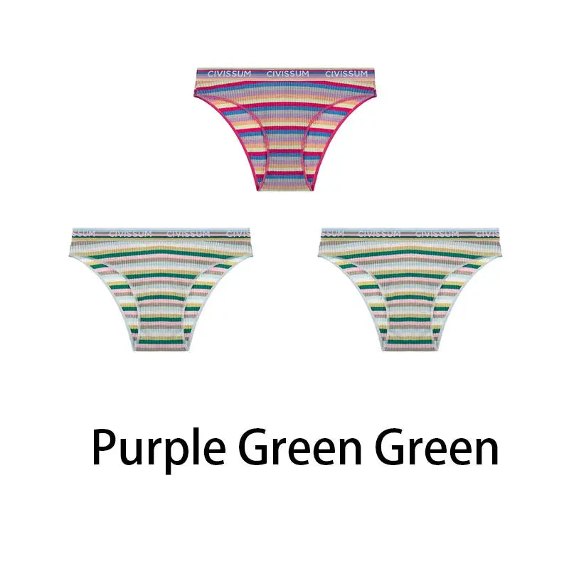 Three-piece cotton women's low-waist hipster panties set with rainbow stripes, by Simples Market NK606
