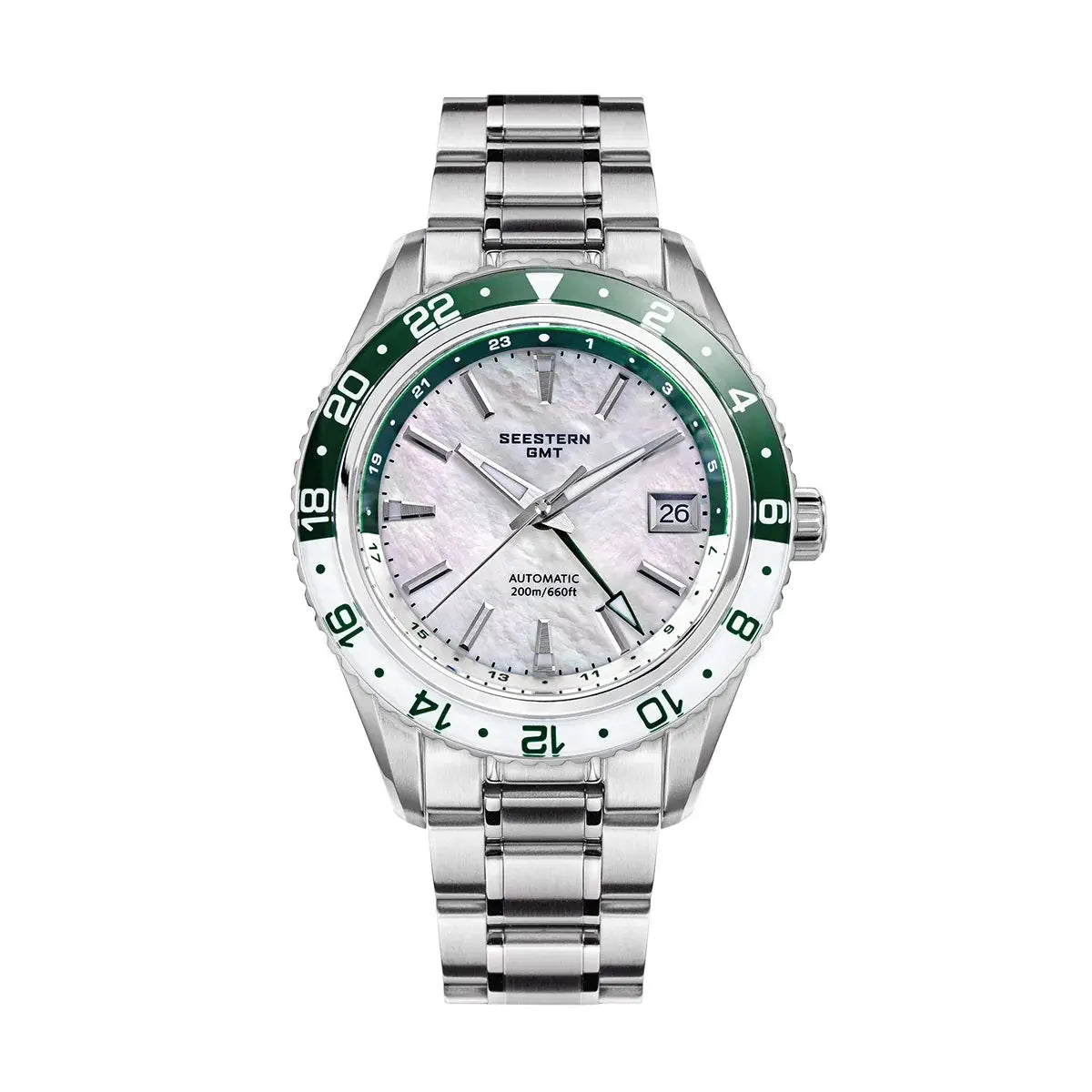 Seestern GMT automatic men's stainless steel watch with green 24h bezel, date window, mother-of-pearl dial
