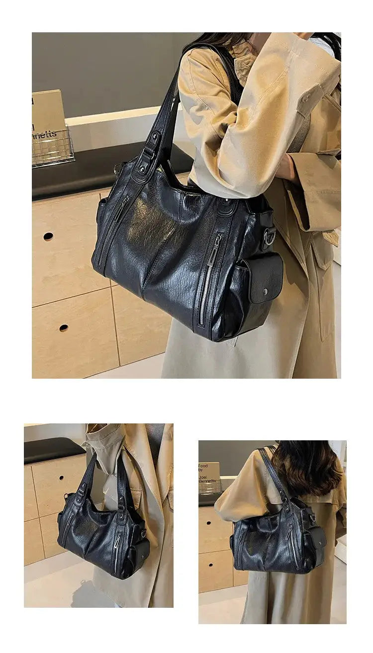 Black PU leather shoulder bag with front zip pocket and small side pocket