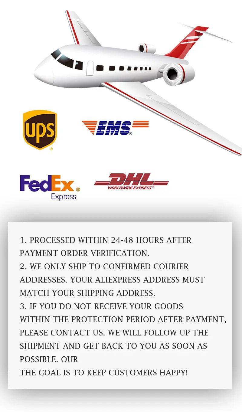 Airplane illustration with UPS, EMS, FedEx and DHL logos and a shipping terms panel.