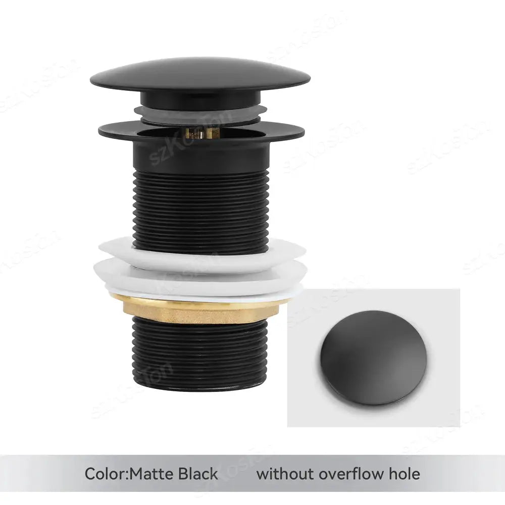 Matte black pop-up drain plug for bathroom sink with gasket and brass ring