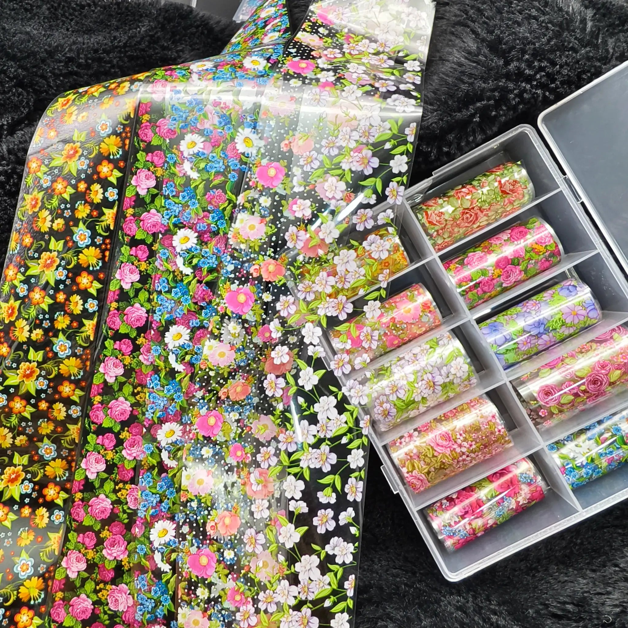 Nail foil set by Simples Market: 10 rolls of colorful floral transfer sheets for nail art decals