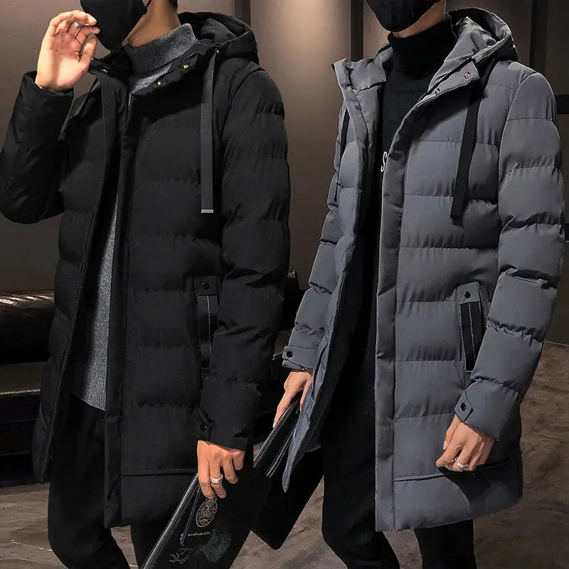 Two men's mid-length padded hooded jackets in black and gray-blue, warm cotton-padded winter coats.