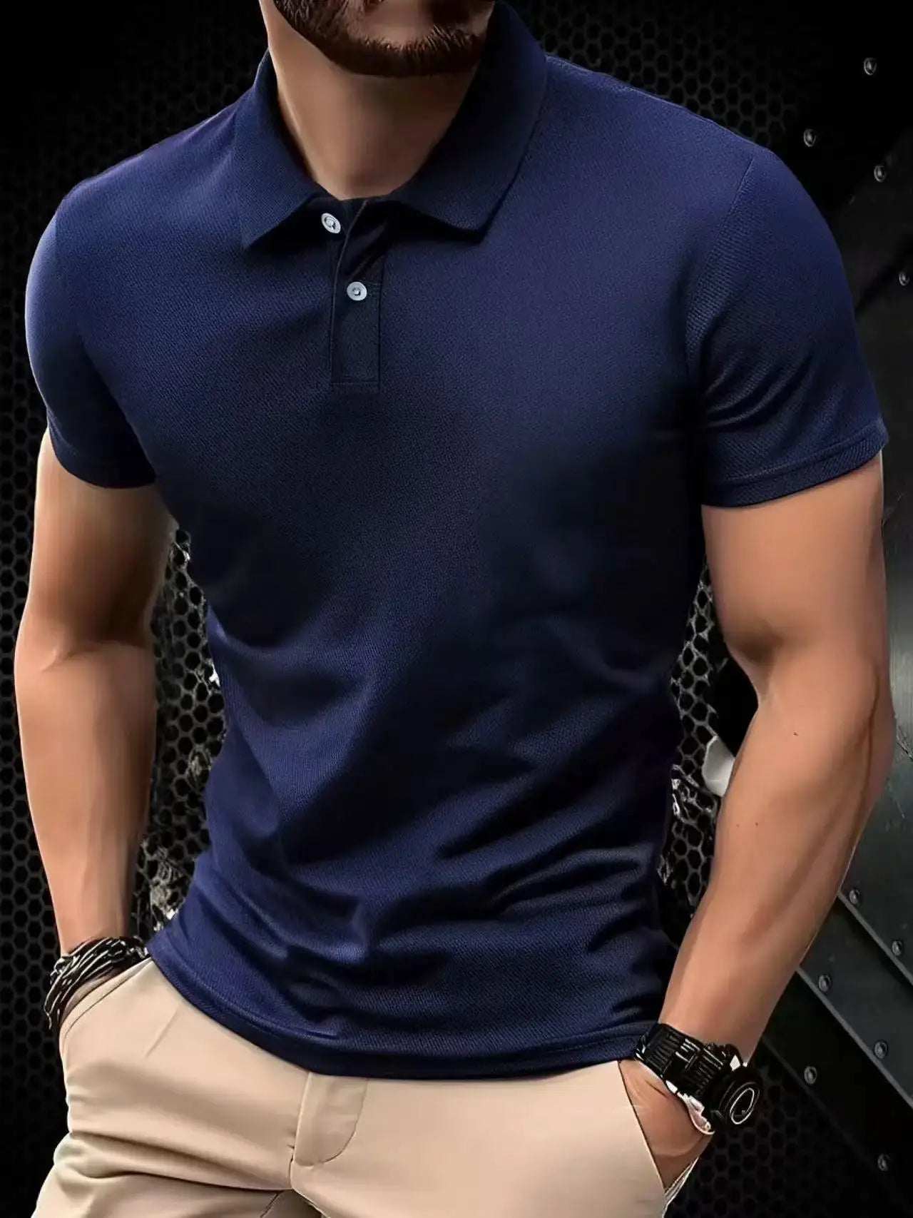 Men's navy polo shirt, ultra-light quick-drying fabric, short sleeves for gym workouts