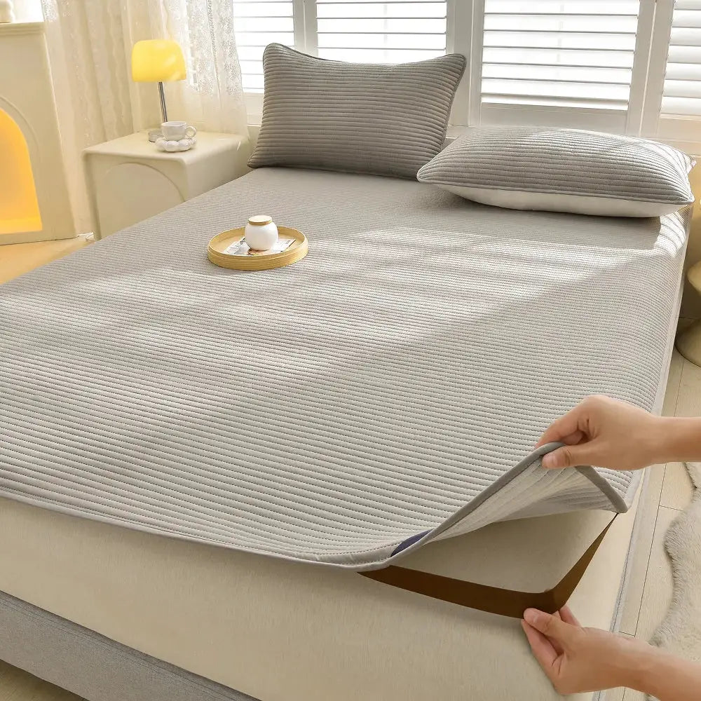 Simples Market striped grey waterproof mattress protector; soft, breathable, fits single/double beds.