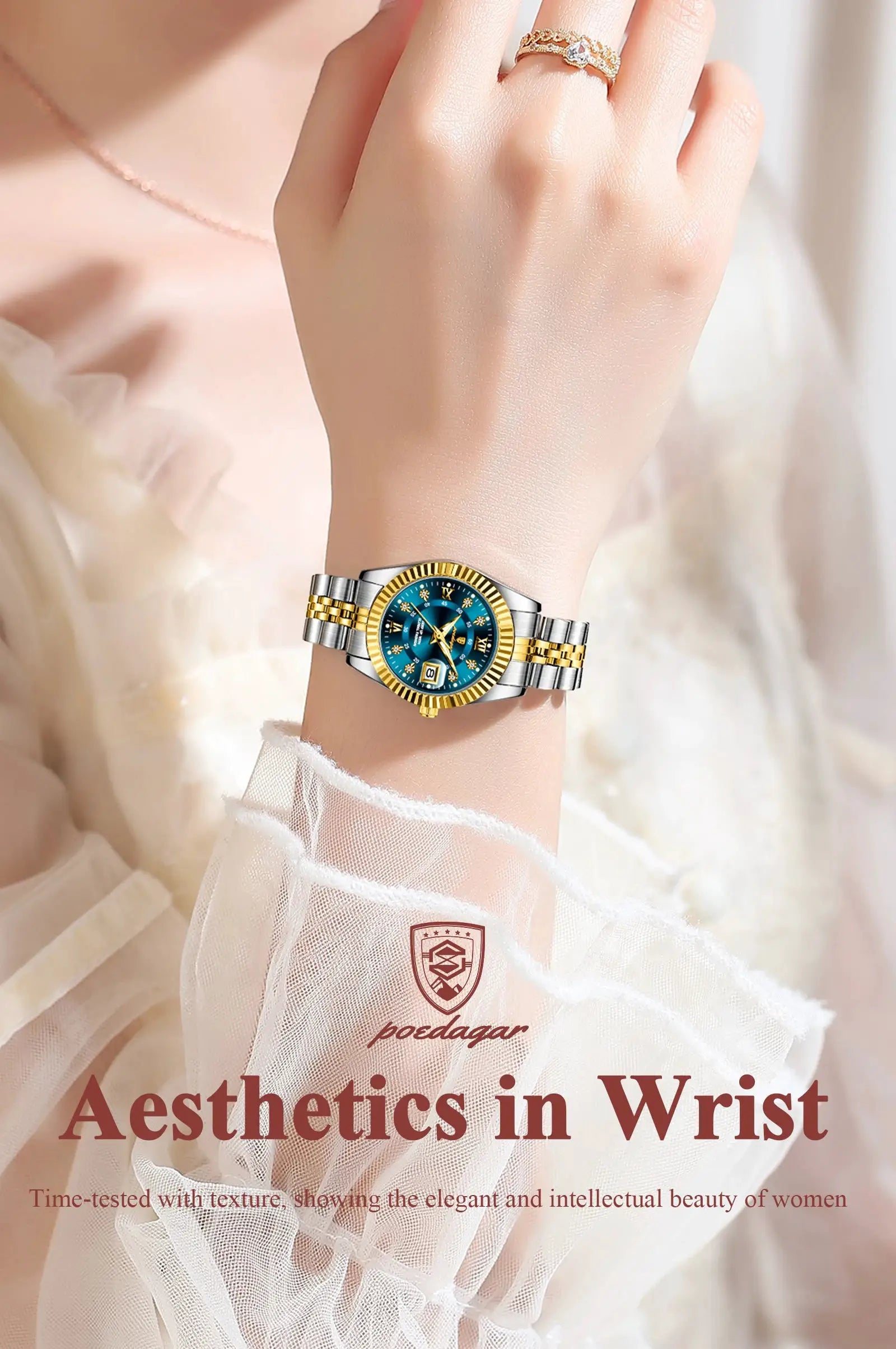 POEDAGAR women's luxury watch, blue dial, two-tone gold and silver stainless steel bracelet with date window