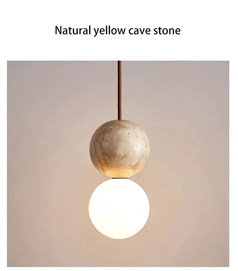 Led pendant light with natural stone cream top sphere and white globe bottom hanging fixture