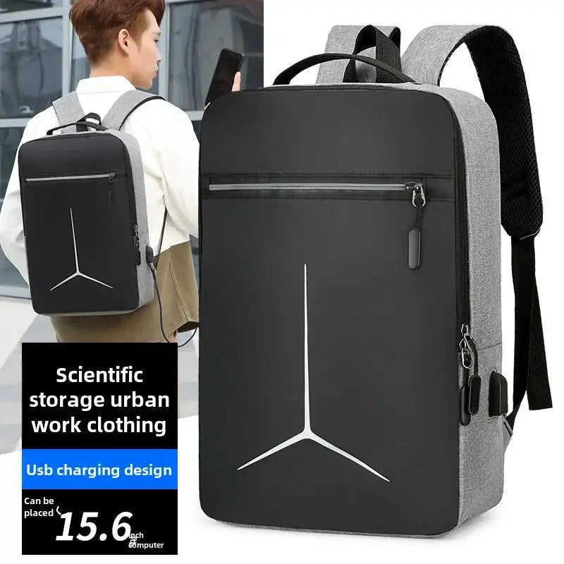 Backpacks: two-pack grey Simples Market anti-theft USB backpacks with black front panels.