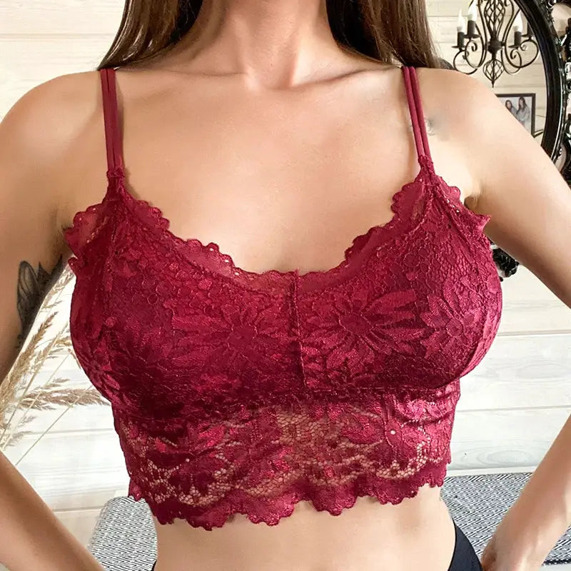 Women lace bralette top in burgundy red floral lace, wireless and seamless