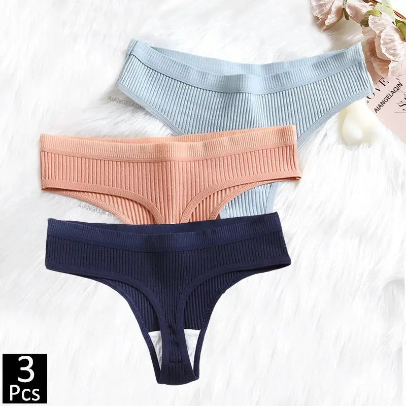 3Pcs women's ribbed cotton low-waist briefs in blue, peach, navy by Simples Market