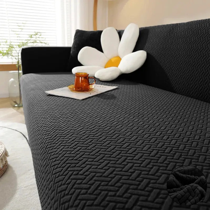 Jacquard sofa cover by Simples Market; elastic thick black L-shaped corner sofa cover.