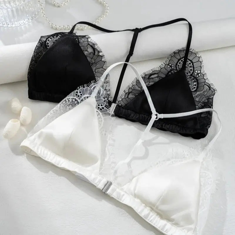 Birdtree lace wireless bralette set in black and white; two-piece triangle-cup bralettes with front closure